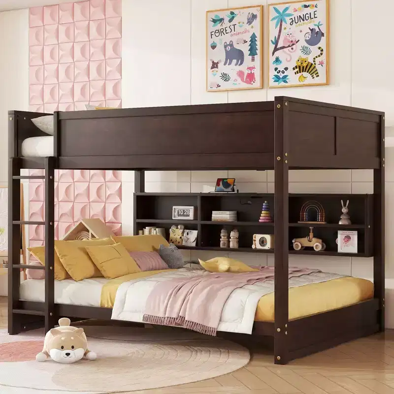 Bunk Bed Queen over Queen with Storage Cabinets, Queen Wood Bunk Bed Frame with Charging Station for Kids Teens