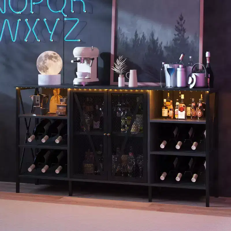 Farmhouse Wine Bar Cabinet, Industrial Coffee Bar Sideboard with Wine Rack and Glass Holder