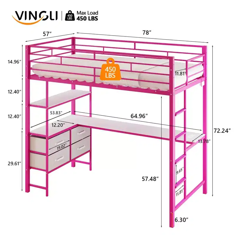 VINGLI Full Metal Loft Bed with Desk,15 Inches Guardrail,Non-Slip Ladder,2 Charging Stations,4 Drawers/Storage Shelves/LED,No Box Spring Needed,Pink
