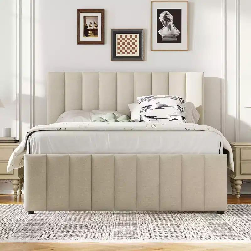 Full Size Upholstered Platform Bed with Twin Size Trundle and 3 Drawers, Linen Fabric, Beige