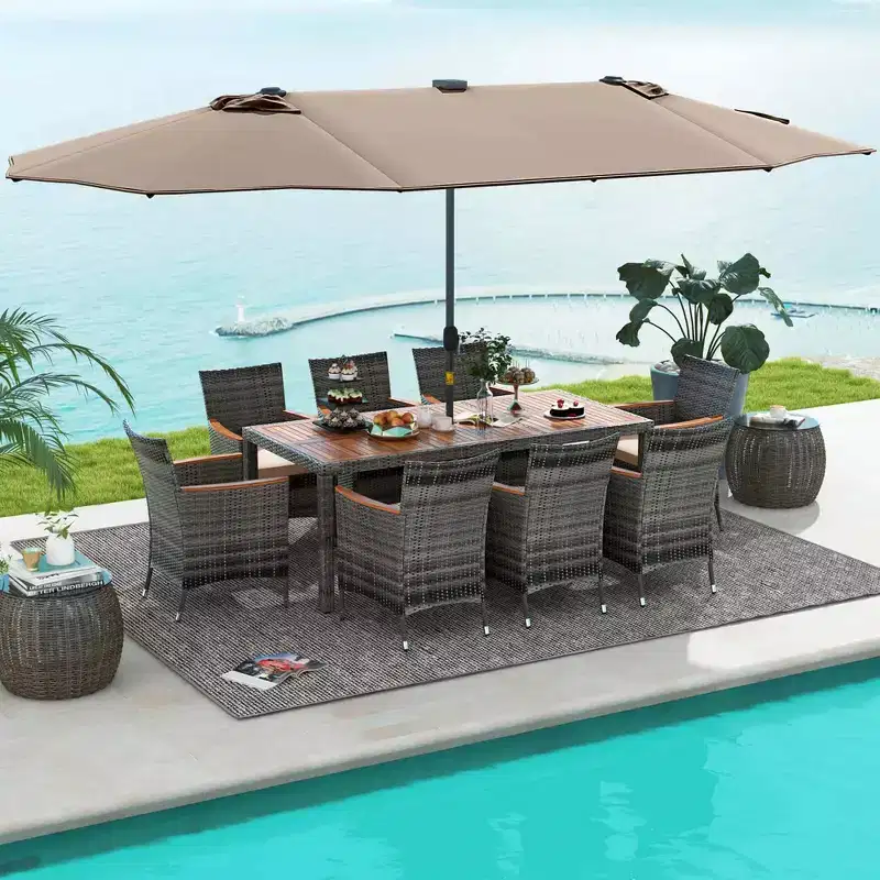 Costway 11 PCS Patio Dining Set with 15 ft Double-Sided Patio Umbrella 8 Armchairs Blue/Beige/Orange/Wine