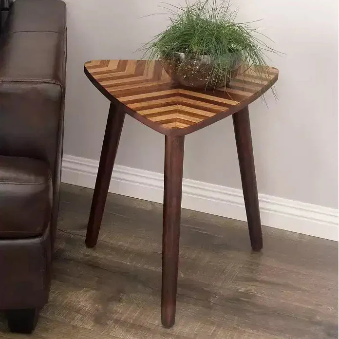 Modern mango wood side table, dark brown, compact, with flared legs, suitable for indoor use.