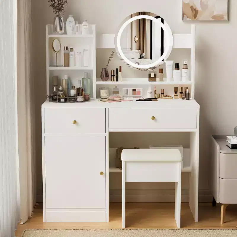 Okak Elegent Makeup Vanity with Cushioned Chair, Vanity Table with Round Mirror and Ample Storage, Makeup Desk for Living Room, Bedroom, White