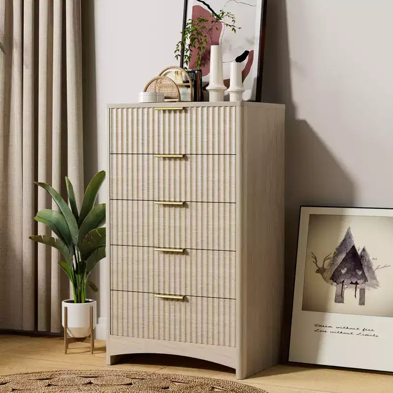 5-Drawer Tall Wooden Dresser, Smooth Gliding Drawers Large Capacity Storage Space, Modern Organizer Cabinet for Bedroom or Hallway
