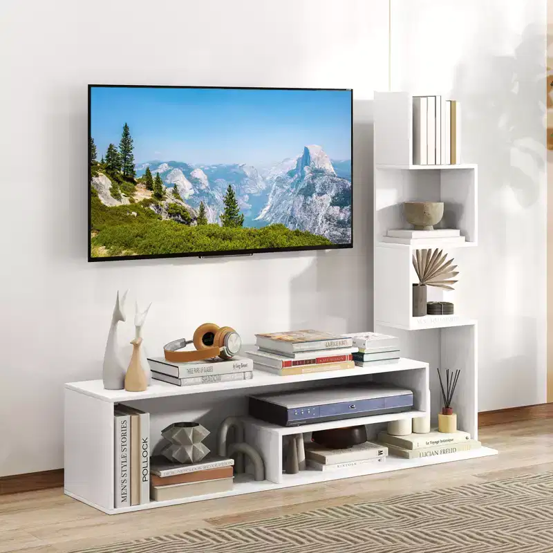 Costway Book Shelf TV Stand for 50 TV L-Shaped Entertainment Center with Storage & 3 Tier Bookshelf Wood Television Stands Modern White