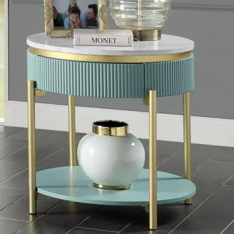 Round End Table with Faux Marble Top, Metal Frame, Storage Drawer and Open Bottom Shelf