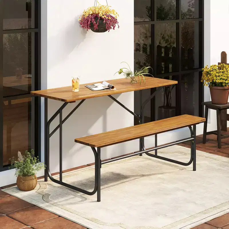 Costway Patio Table Bench Set for 2 Picnic Table & Loveseat w/Acacia Wood Top Metal Legs