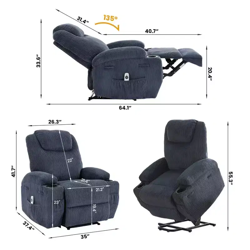 Corduroy Electric Power Lift Recliner Chair with 155 Recline, Massage, Heat, Dual Cup Holders, and Stand Assist, Ergonomic Comfort Chair for Elderly