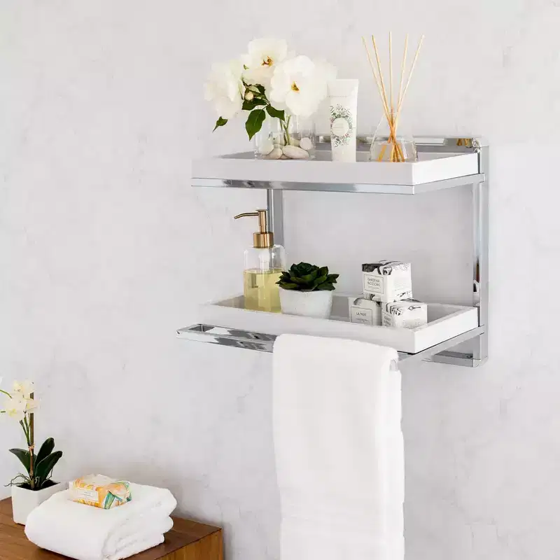 2 Tier Wall Mount Shelving Unit with Towel Rack and Trays Chrome/White -: Modern Bathroom Storage Organizer
