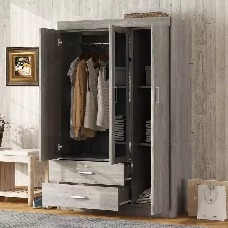 Wood 3-Door Wardrobe Armoire with Mirror, 2 Drawers, Storage Shelves and Hanging Rail