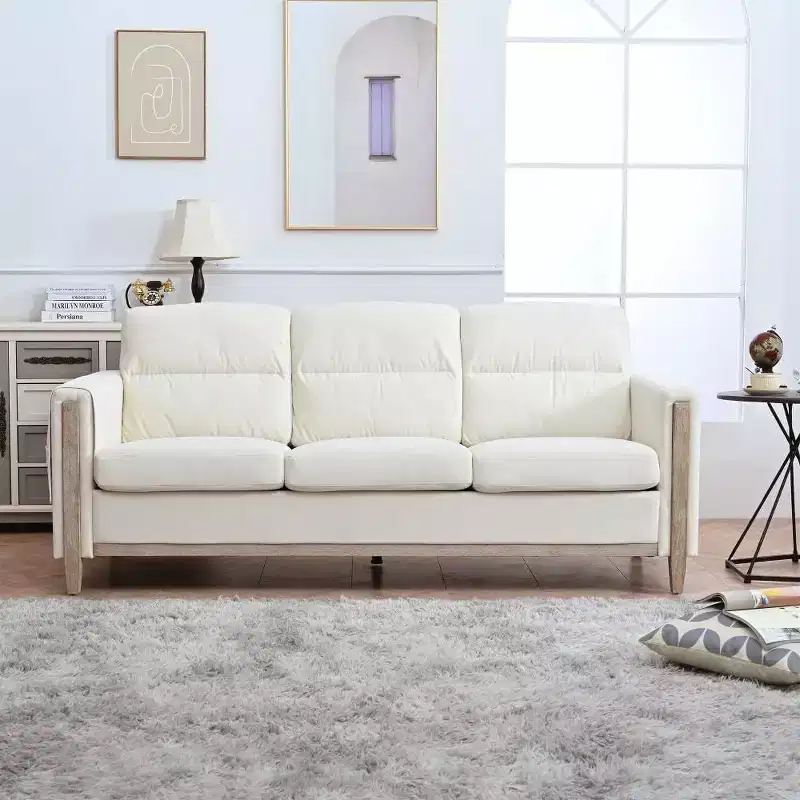 Acekool 79.5 Modern 3-Seater Sofa, Cushioned Couch with Armrests & Side Pocket, Wood Legs for Living Room, Home Office, Apartment, Beige