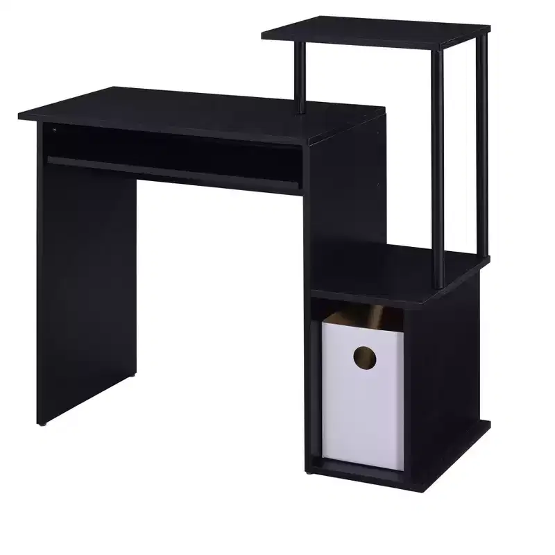 White Wood Writing Desk with Keyboard Tray and Storage Shelf