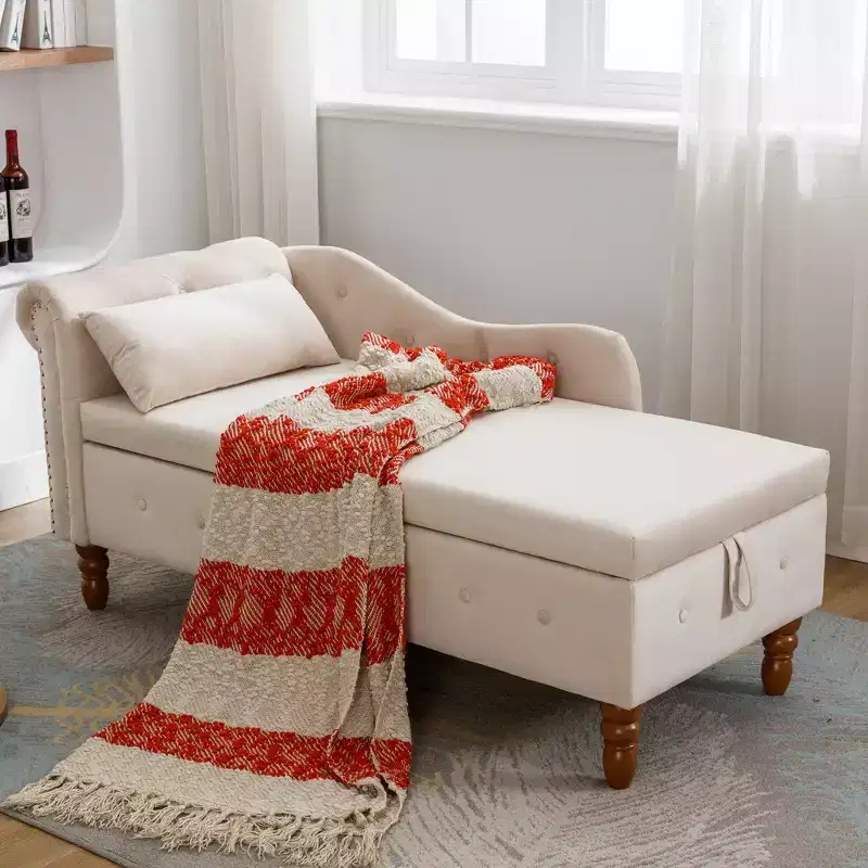 Velvet Chaise Lounge with Hidden Storage, Rolled Arms & Pillow, Chesterfield Style