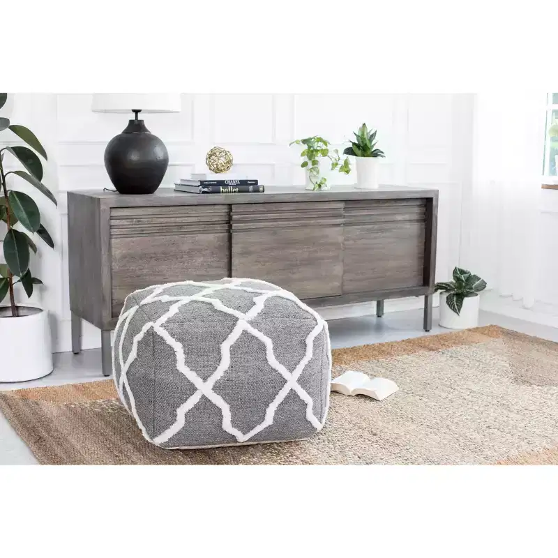 Moroccan Inspired Handmade Pouf, Jute and Cotton, Square