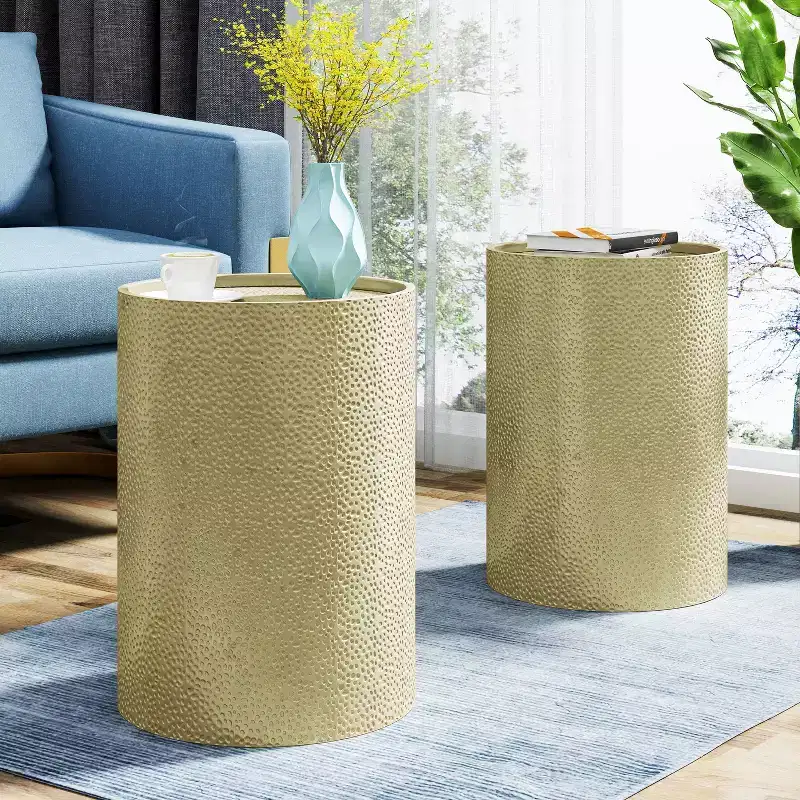 Okak Modern Round End Table with Hammer Marks, Cylindrical Side Table with Groove Design, Couch Table for Living Room, Bedroom, Set of 2