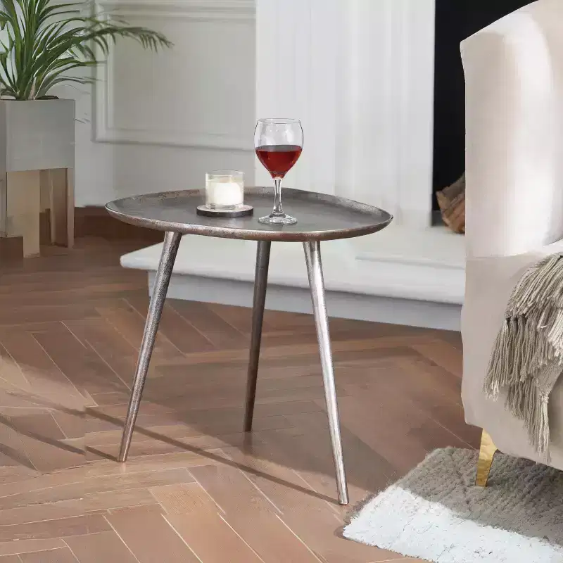 HomeStock Belmont Metal End Table with Rounded Triangular Shape and Three Legs, Handcrafted Aluminum Side Table with Rustic Modern Finish