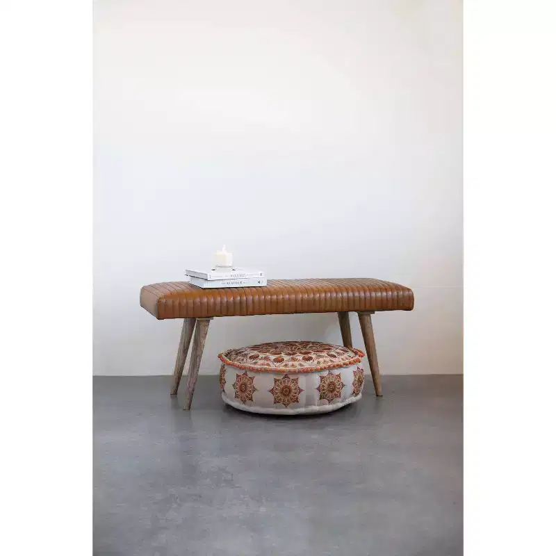 Leather Grid Bench Brown: Mango Wood Frame, Adult Assembly, Spot Clean, Rectangle Shape