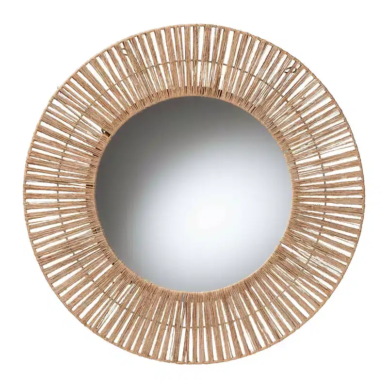 Modern Bohemian-style decorative hanging mirror featuring metal and natural brown seagrass