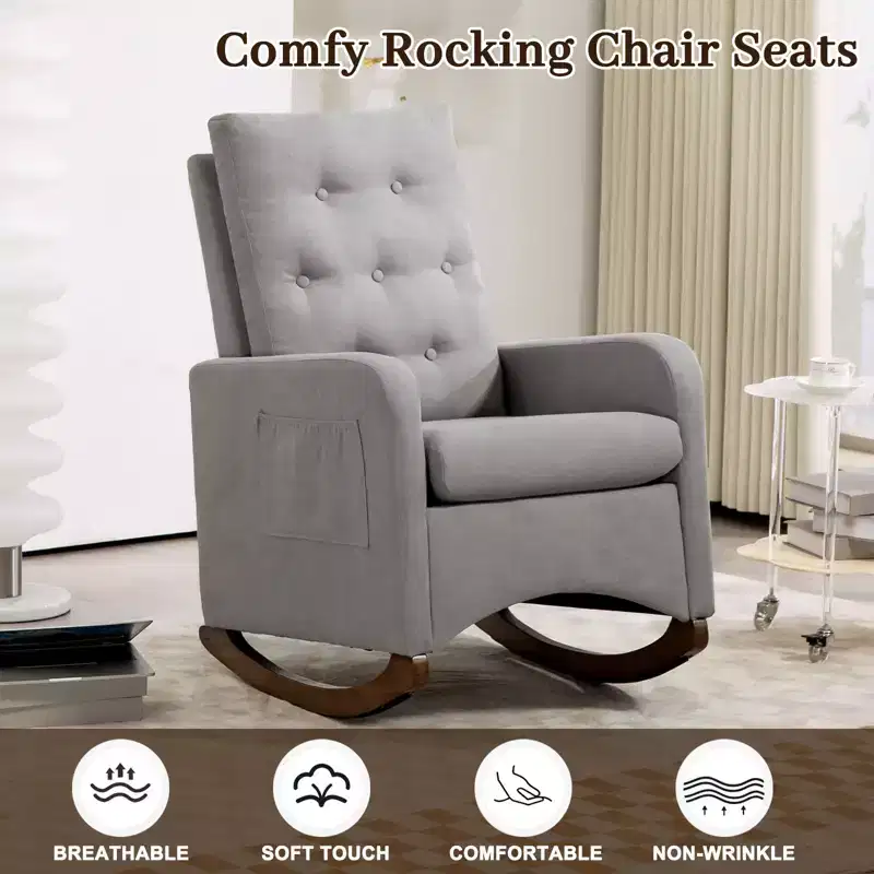Upholstered Rocking Chair, Modern Wingback Accent Rocking Chair, Comfy Accent Armchair Chair, Rubber Wood Legs, High Backrest and Side Pocket