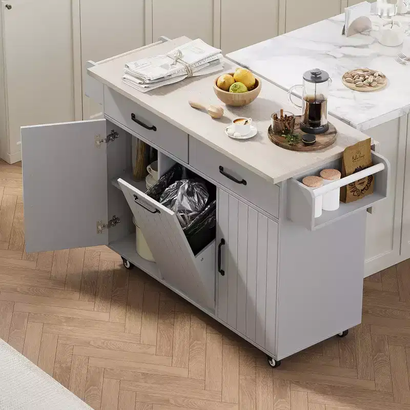 Kitchen Island Cart with Trash Can Storage, Drop Leaf, Spice Rack, Towel Rack and Drawer, Rolling Cart with Adjustable Shelf for Kitchen