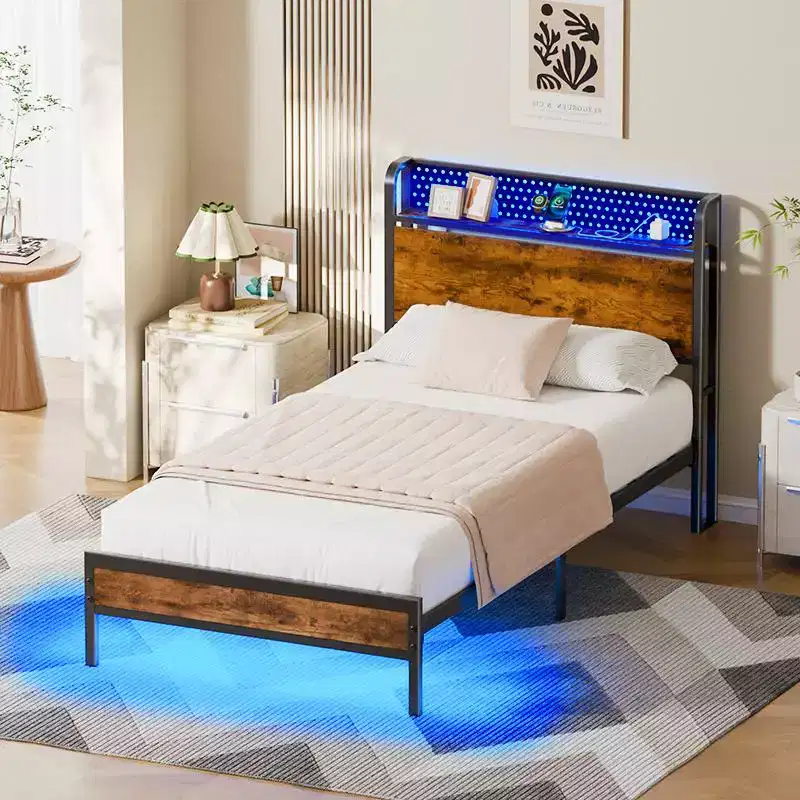 Twin Size Platform Bed Frame Storage Headboard LED Lights Charging Station Industrial Metal Wood Heavy Duty No Box Spring Needed Kids Dorm USB
