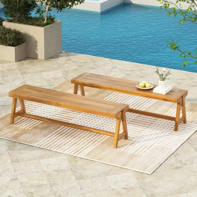 Set of 2 Outdoor Dining Benches, Acacia Wood Patio Bench Seating, All-Weather Garden Bench for Poolside & Outdoor Dining-Panipeachy
