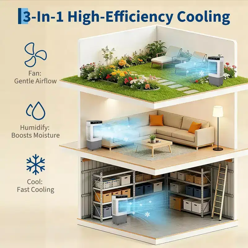 Portable Air Conditioner Fan - 3-Speed Evaporative Cooler, Adjustable Airflow, Remote Control, 2/4/8H Timer, for Bedroom, Dorm, Office, and Travel