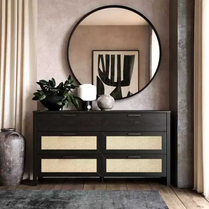 6-Drawer Dresser, Black Oak Finish with Faux Rattan Drawer Fronts, Bedroom Storage