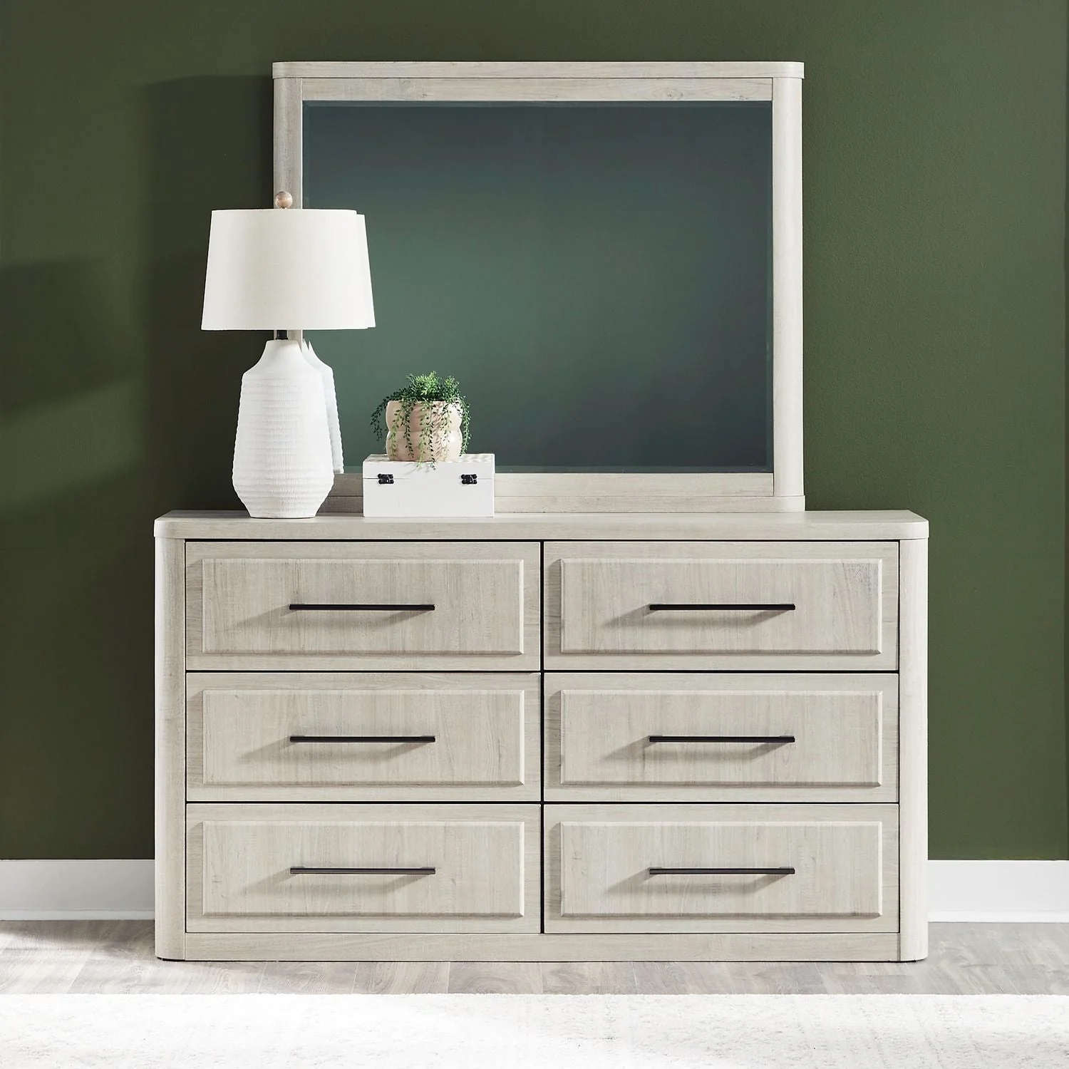 Dresser & Mirror - Natural White — - Dresser & Mirror - White Product Features Bronze Bar Pull Hardware Gently Rounded Corners &
