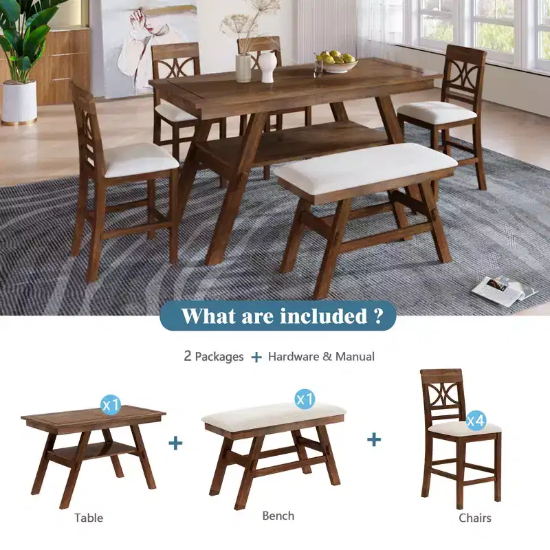 Whisen Rustic 6-Piece Counter Height Dining Table Set with Bench and 4 Upholstered Chairs