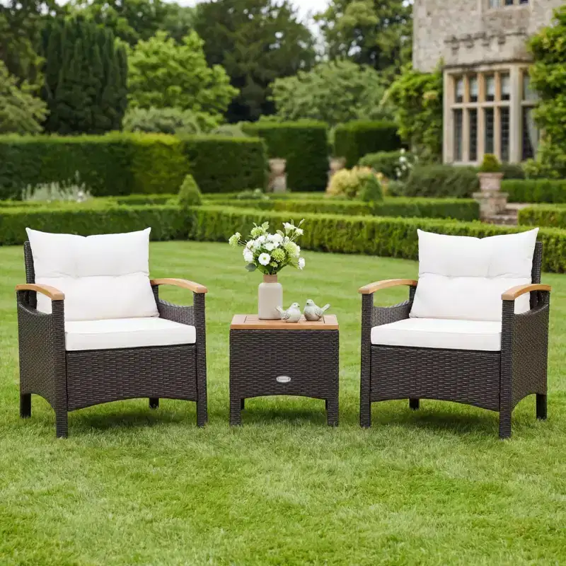 Gymax 3PC Outdoor Bistro Furniture Set w/ Armrests Acacia Wood Tabletop Table White Cushion for Garden Backyard