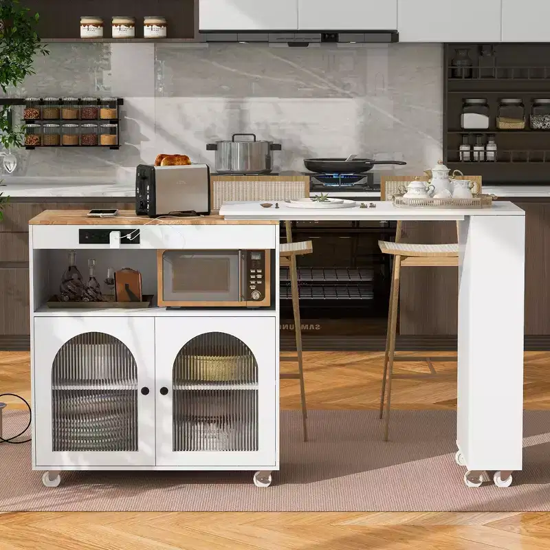 Isola da cucina bianca su ruote con piano allungabile, vano portaoggetti e 3 ripiani aperti laterali per cucina e sala da pranzo