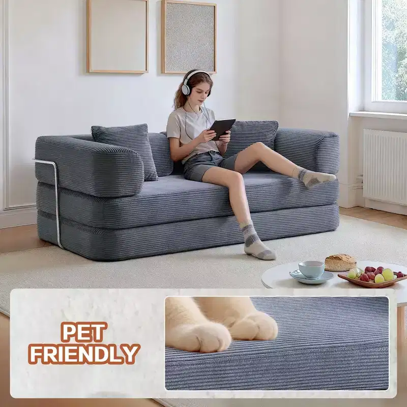 Convertible Floor Sofa Bed Loveseats with Blanket & Pillows, Corduroy Fabric Futon Couch for Living Room, Apartments