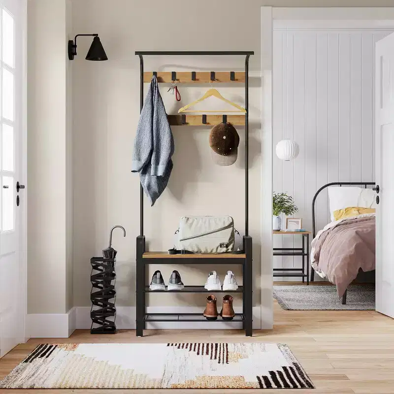 VASAGLE 4-in-1 Coat Rack Hall Tree, 9 Removable Hooks, Entryway Bench with Shoe Storage for Apartment, Living Room