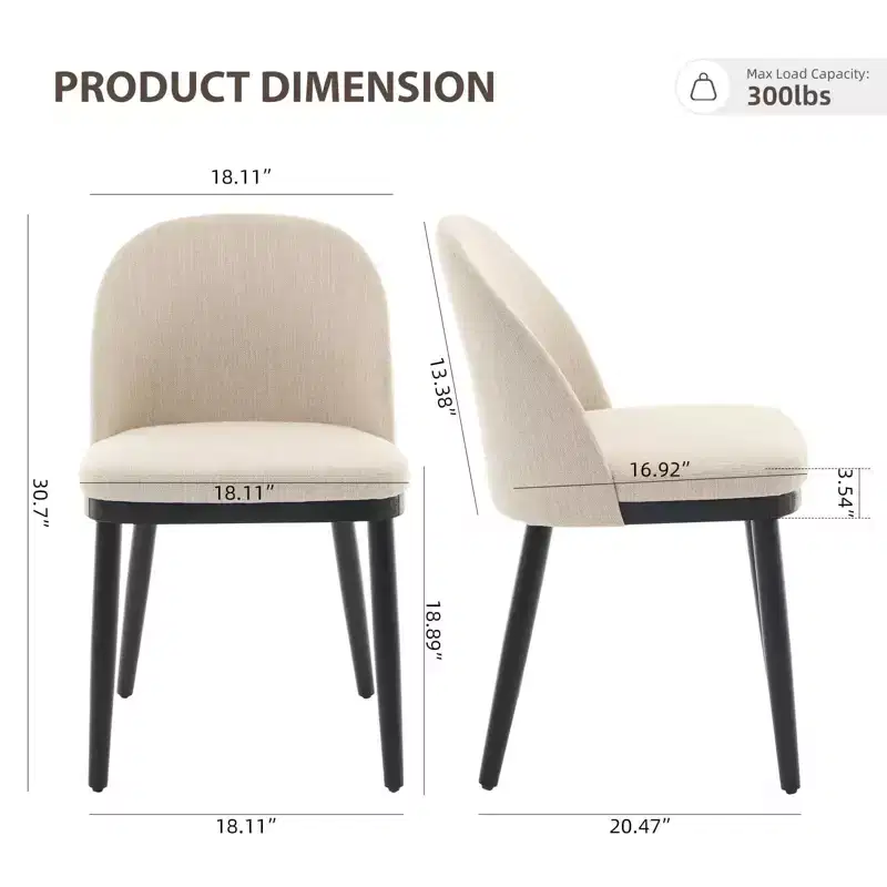 Set of 2 Armless Dining Chairs with Curved Backrest and Wood Leg for Restaurant/Cafe, Modern Fabric Upholstered