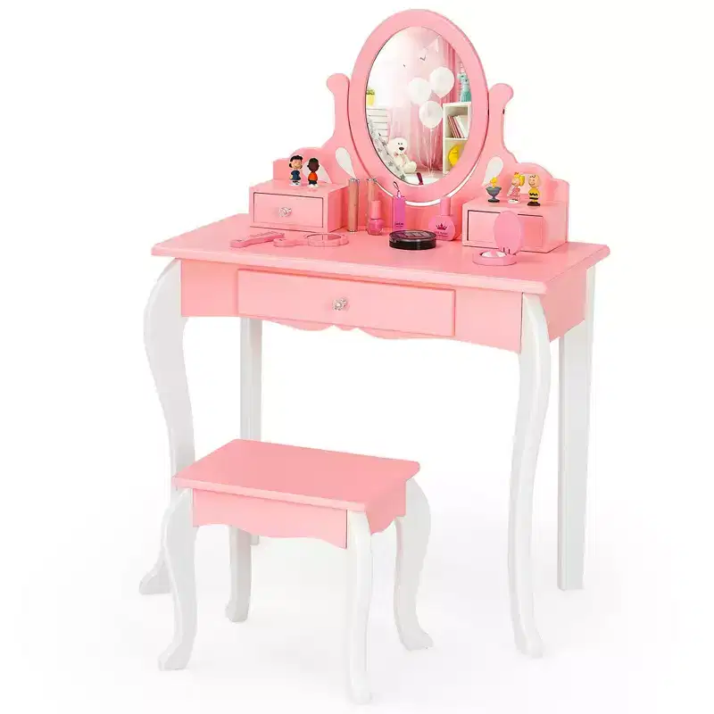 Kids Vanity Table and Stool Set with Mirror and Drawers