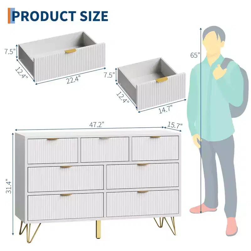GustoWave 7 Drawer Dresser, 47.2 Wide Modern Dresser Wooden Chest of Drawer with Gold Metal Legs and Handles, Narrow Entryway Table Storage Organizer
