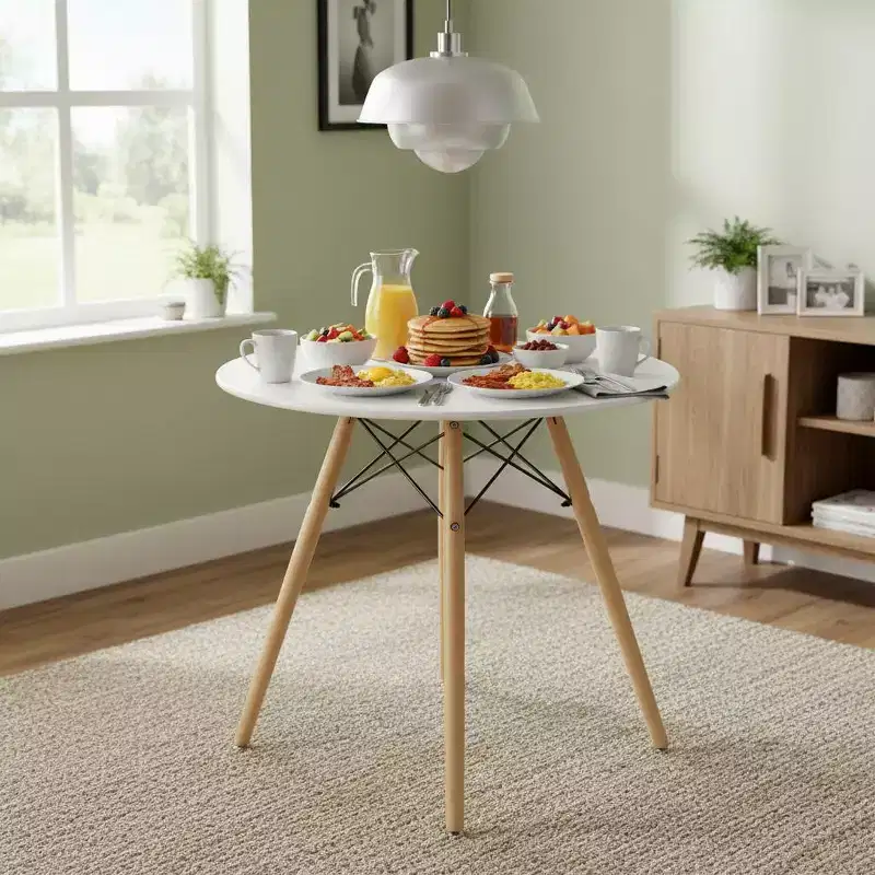 Round Dining Table 31.5 Inch for 2-4 Person, Stylish Circle Table with Wooden Legs for Home Kitchen, Cafés, Leisure Rooms, White