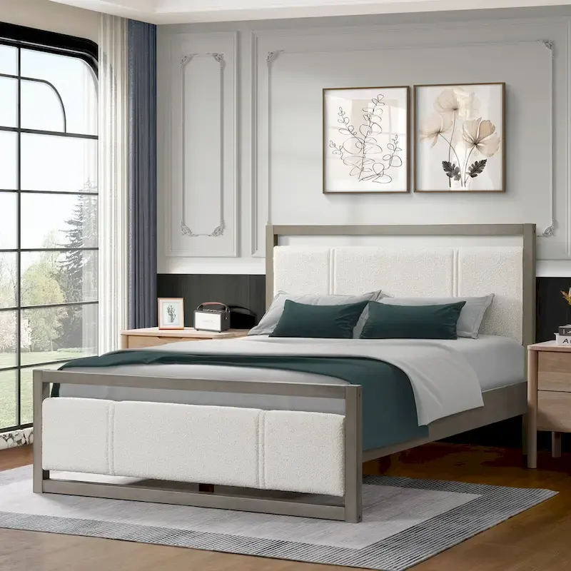 Queen Platform Bed with Ivory Boucle Fabric Headboard