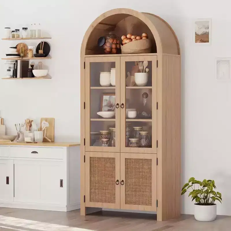 COZONY 71 Arched Pantry Cabinet with Rattan Doors and Drawer, Tall Wood Storage Cabinet with 6 Shelves