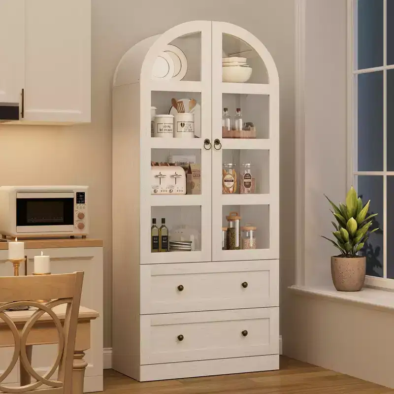 72 Tall Modern Farmhouse Arched Kitchen Pantry Cabinet, Freestanding Wood Storage Cupboard with Glass Doors and Drawers for Dining & Living Room
