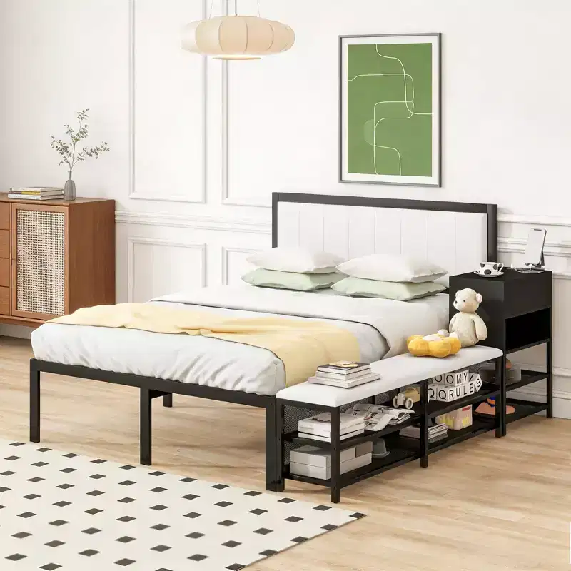 Luxystar Full Size Metal Platform Bed with Upholstered Headboard, 2-Tier Storage Shelves, Wooden Storage Cabinet and USB Charging Ports