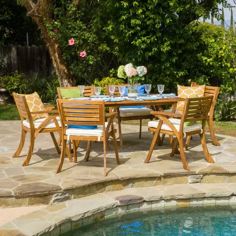 GDFStudio Baia Outdoor Acacia Wood 7 Piece Dining Set with Cushion, Teak/Cream