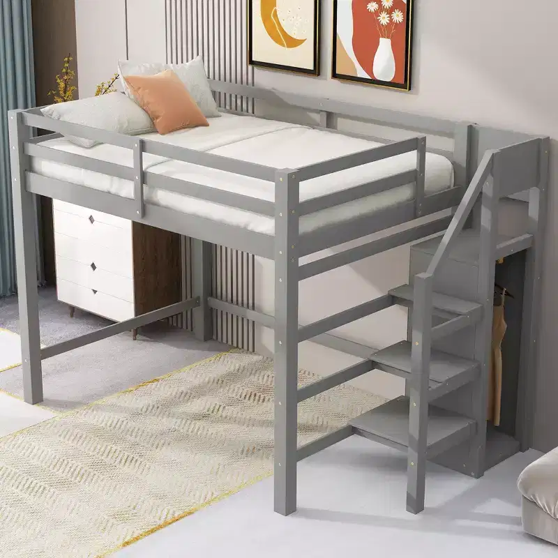 Okak Full Size Bunk Bed with Built-in Storage Wardrobe Loft Bed with Staircase Safety Guardrail Solid Wood for Kids Teens, Easy Assemble