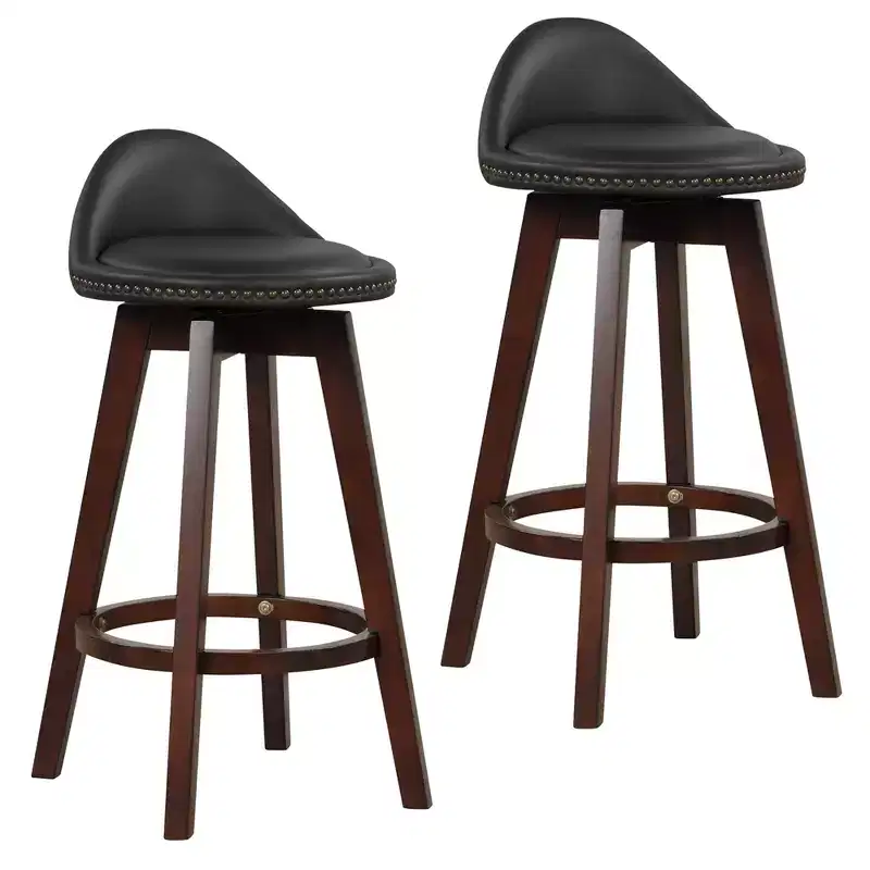 Set of 2 Upholstered Swivel Barstools 29'' Wooden Dining Chairs with Low Back Black