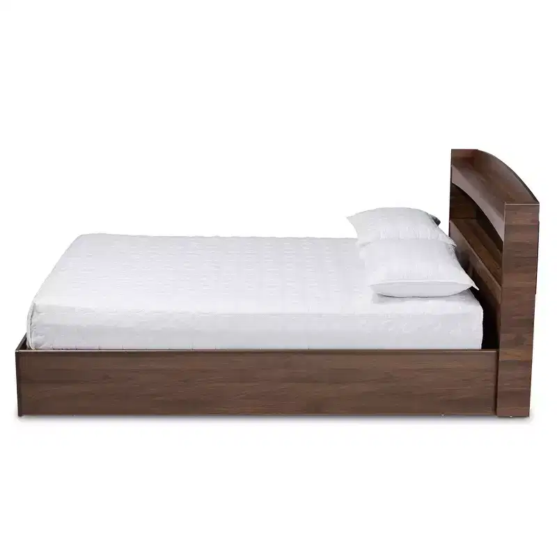 Queen Christopher Wood Platform Bed with Shelves - Baxton Studio: Modern Rustic Design, Built-In Headboard Storage, Finish
