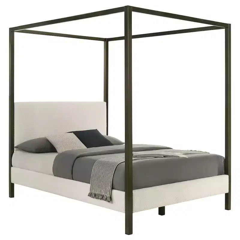 Upholstered Queen Canopy Bed, Eastern Red Cedar Frame & Vanilla Fabric
