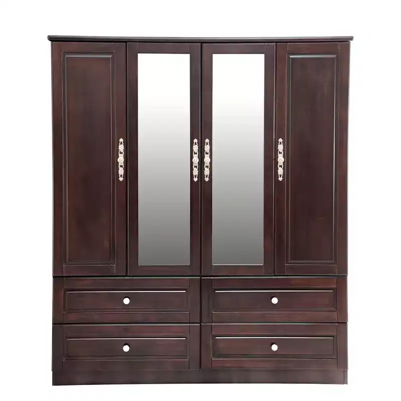 Keloyid Seusar Brownish Black Wood 61.42 in. Armoire with 4 Drawers, 2 Mirror, Hanging Rod and Shelves