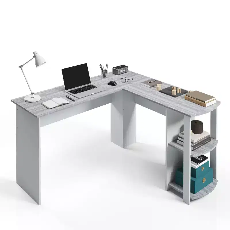 TUYOHW Modern L-Shaped Corner Desk,Home Office Desk with Two Side Shelves,Laminated Wooden Panels,Wooden Computer Desk for Office,Study,Bedroom,Gray
