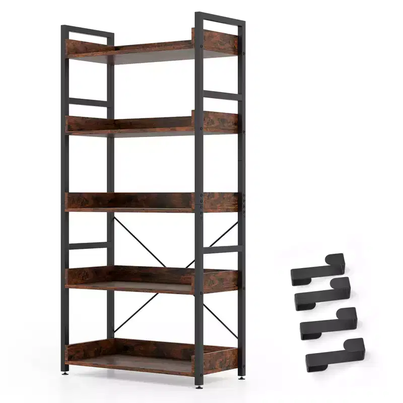 5-Tier Storage Rack with Hooks, Open Shelves, Rustic Wood Grain, Adjustable Feet, Brown+Black